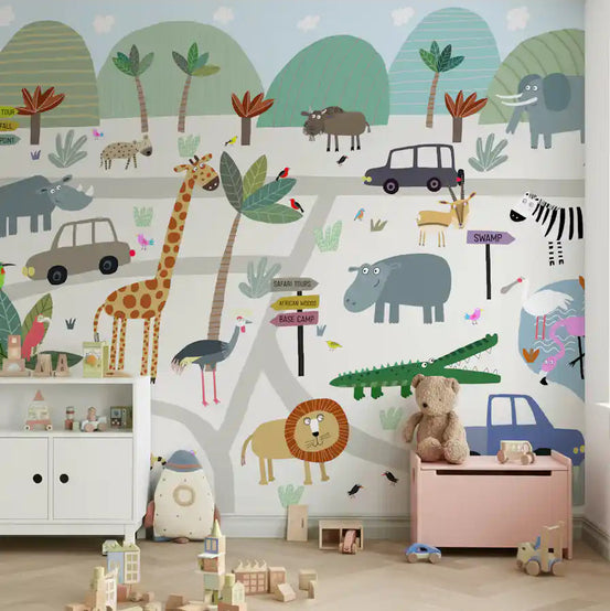 Safari animal adventure map wall mural giving a nursery a cheerful lift GD11267