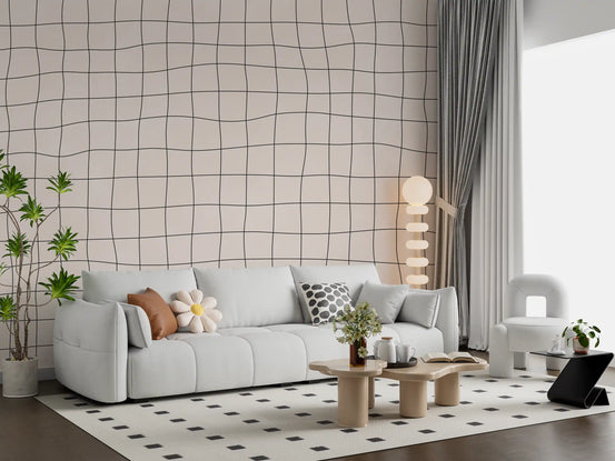 Flowing check wall mural styling a living room in tonal cream squares GD11271
