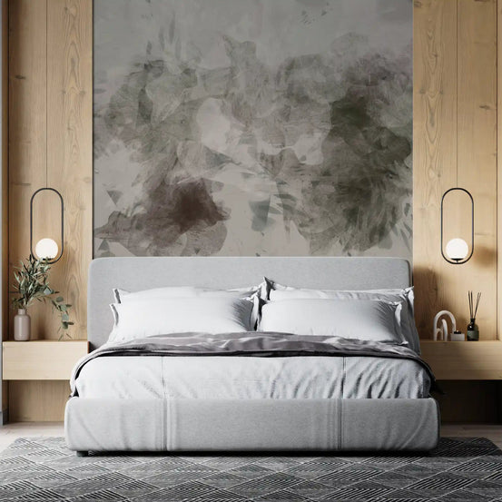 Grey and sage haze on a smoke wash wall mural warming a still bedroom GD11273
