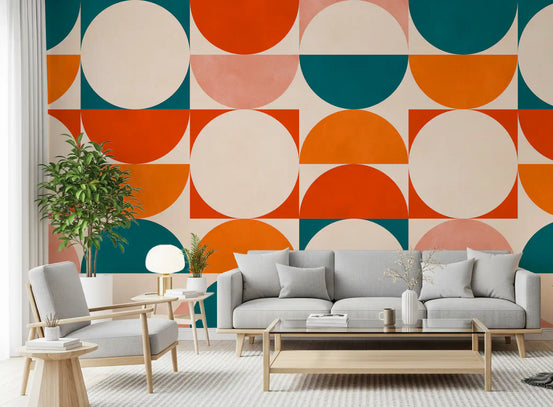 Teal and orange grid on a wall mural warming a living room GD11274

