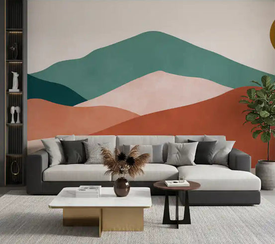 Sage and terracotta hills on a wall mural filling a living room GD11275