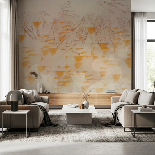 Earthy Textured Layers spread warm ochre on the wall mural in a living room GD11280