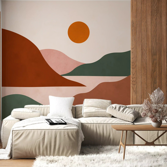 Terracotta horizon wall mural warming a Living room with rust hills and sun GD11281
