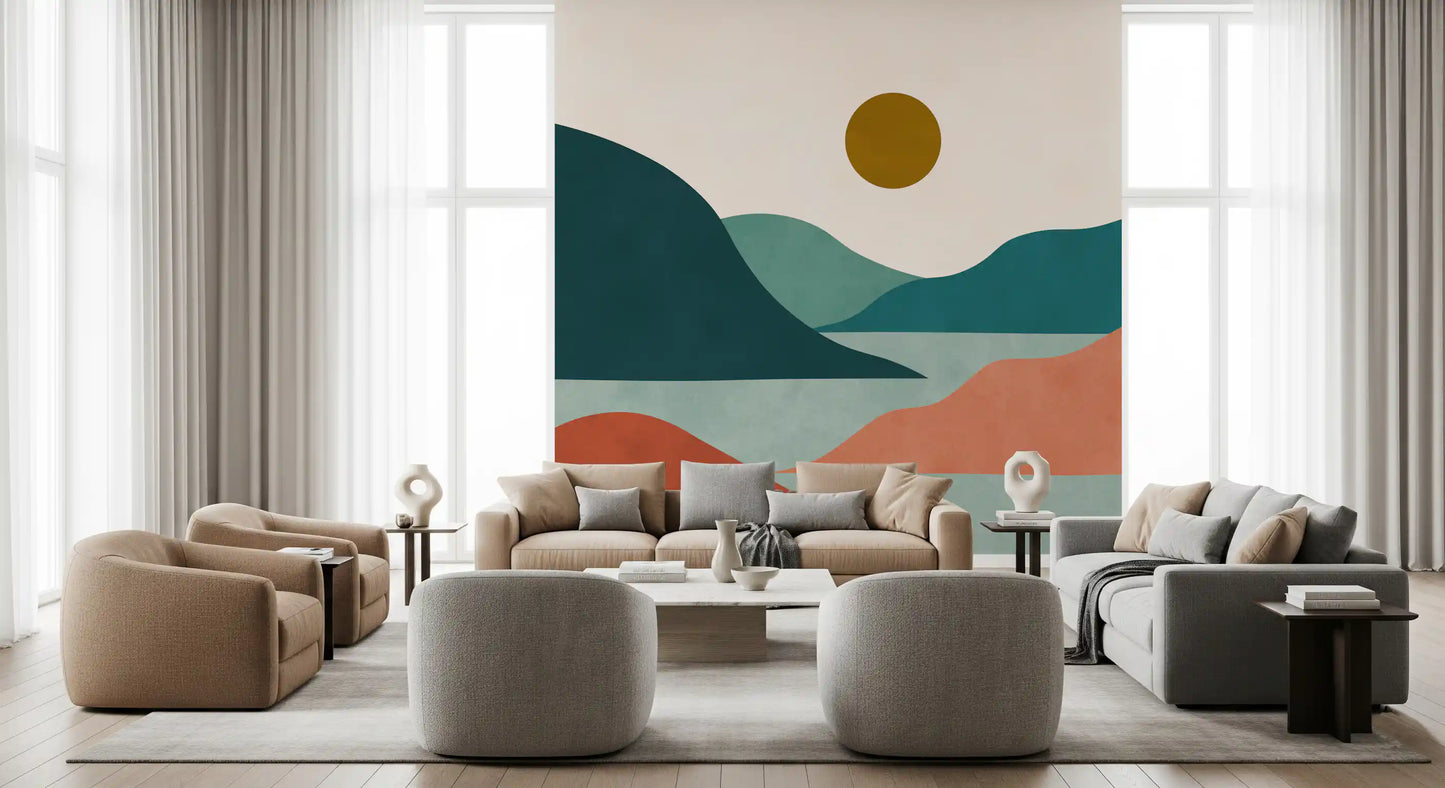 Minimalist Sunset Valley Peaks Wall Mural