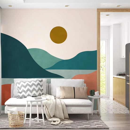 Minimalist sunset valley peaks glow on a living room wall mural GD11283