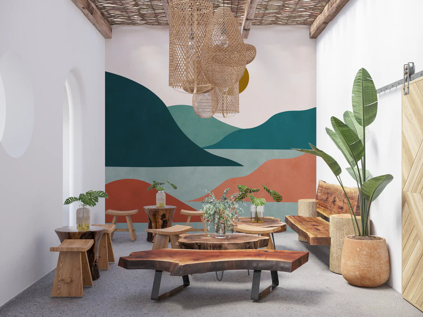 Minimalist Sunset Valley Peaks Wall Mural