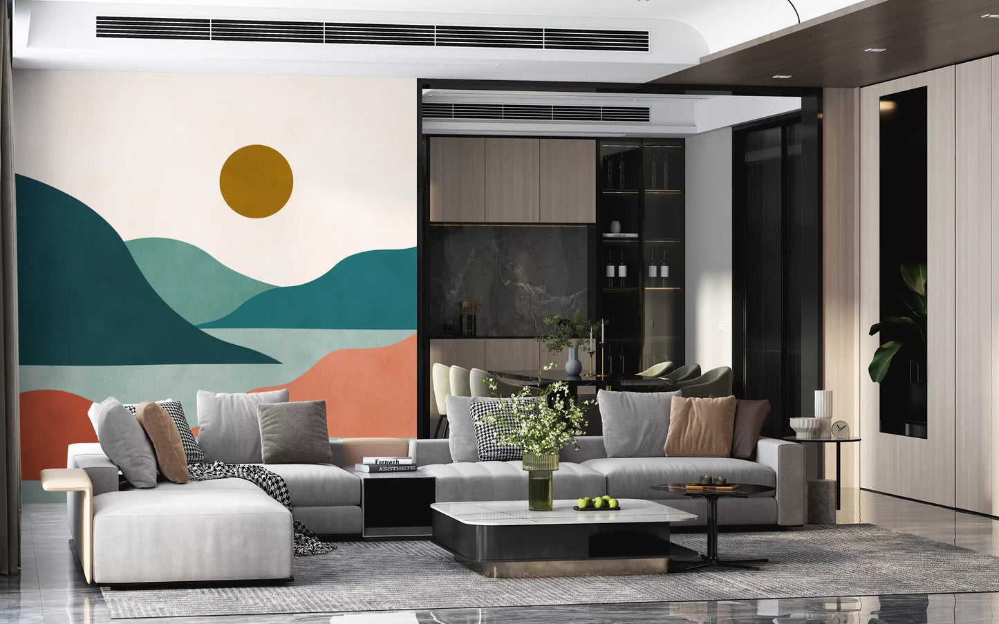 Minimalist Sunset Valley Peaks Wall Mural