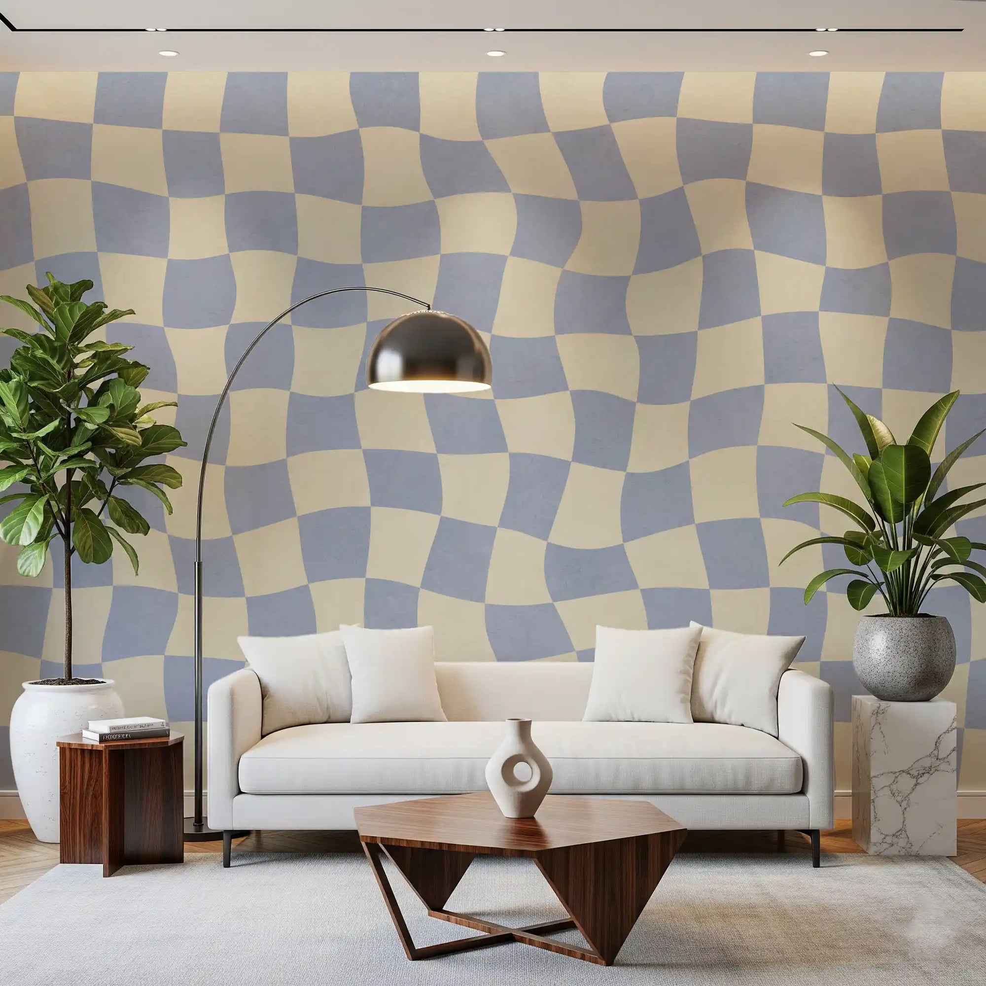 Blue and cream squares on a wavy checked grid wall mural warming a still Living room GD11292