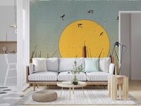 Golden Marshlands and Swallows Wall Mural