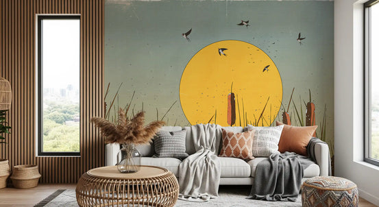 Golden Marshlands and Swallows Wall Mural