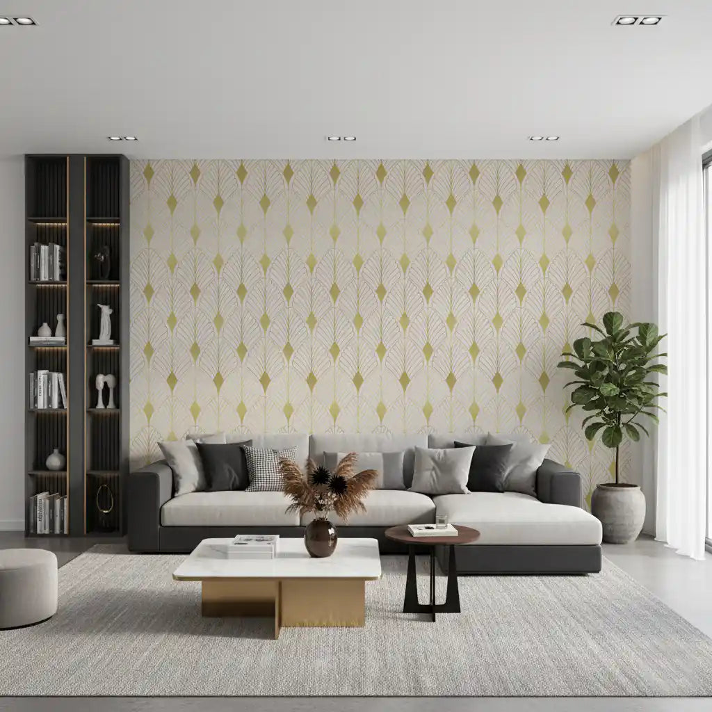 Golden fan motifs on a Deco geometric wall mural in a living room GD11297