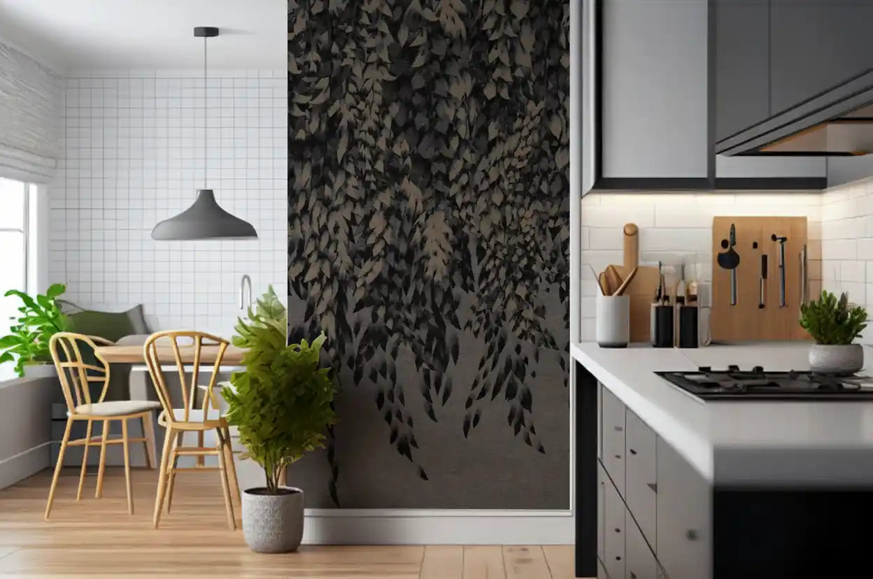 Trailing willow in ink-wash on a monochrome wall mural in a kitchen room GD11299
