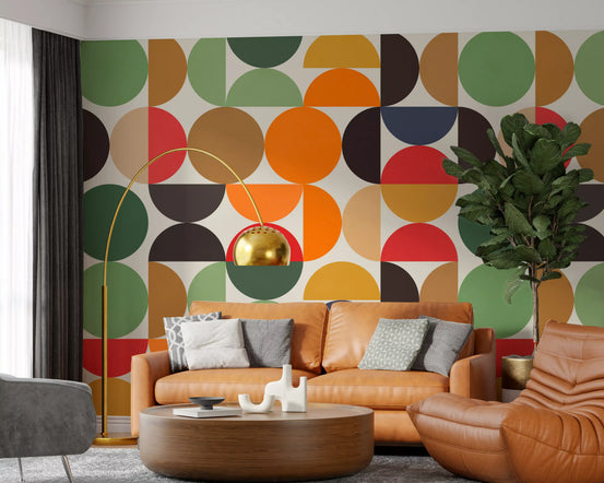 Home office warmed by earthy geo circles on a bohemian wall mural GD11307