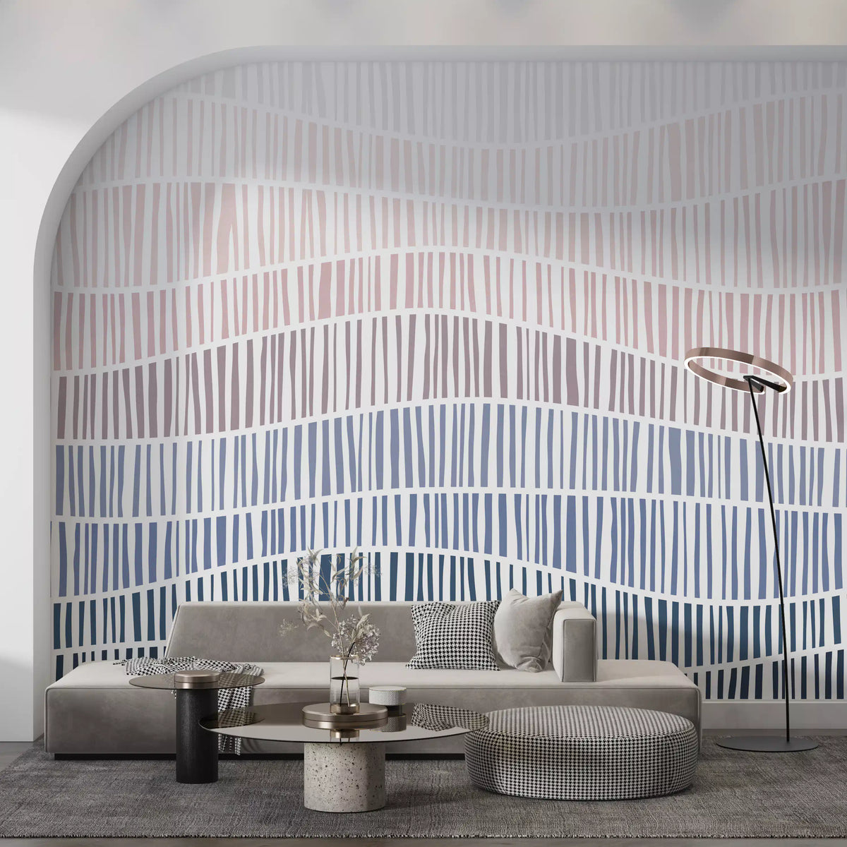 Gradient line waves flowing down a minimalist wall mural in a living room GD11317
