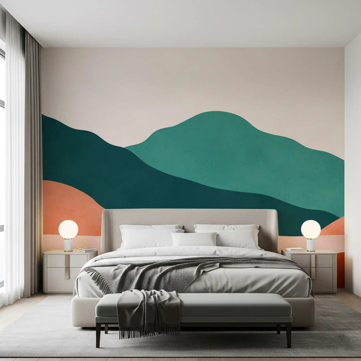 Bedroom Colour block mountain wall mural with layered horizon artwork GD11320