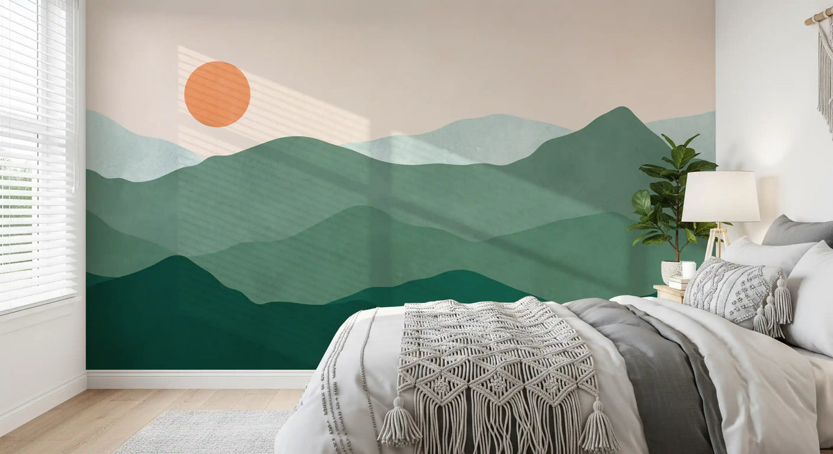Bedroom Minimal green mountain wall mural with layered sunset landscape GD11332