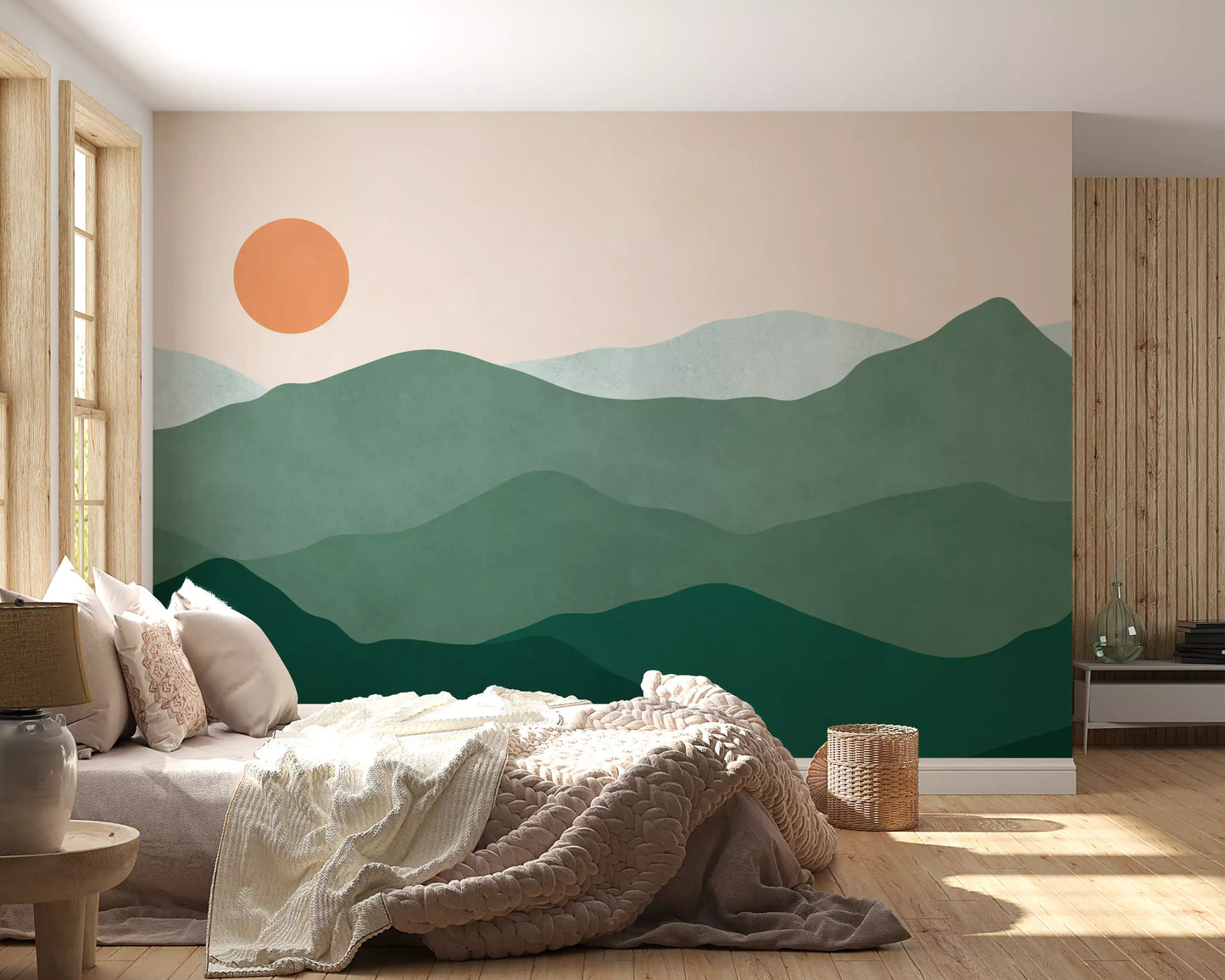 Minimalist Green Mountain Sunset Peaks Wall Mural