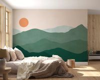 Minimalist Green Mountain Sunset Peaks Wall Mural