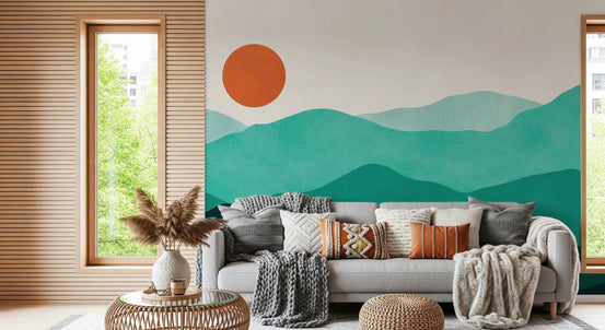 Living room Layered mountain sunrise wall mural with geometric landscape GD11334