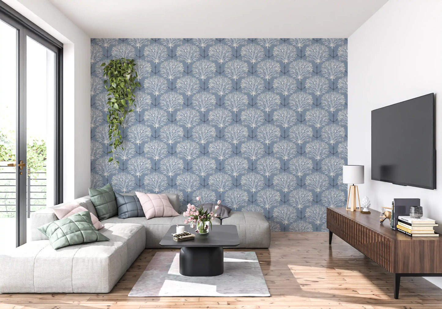 Coastal Marine Coral and Anchor Pattern Wallpaper⁠