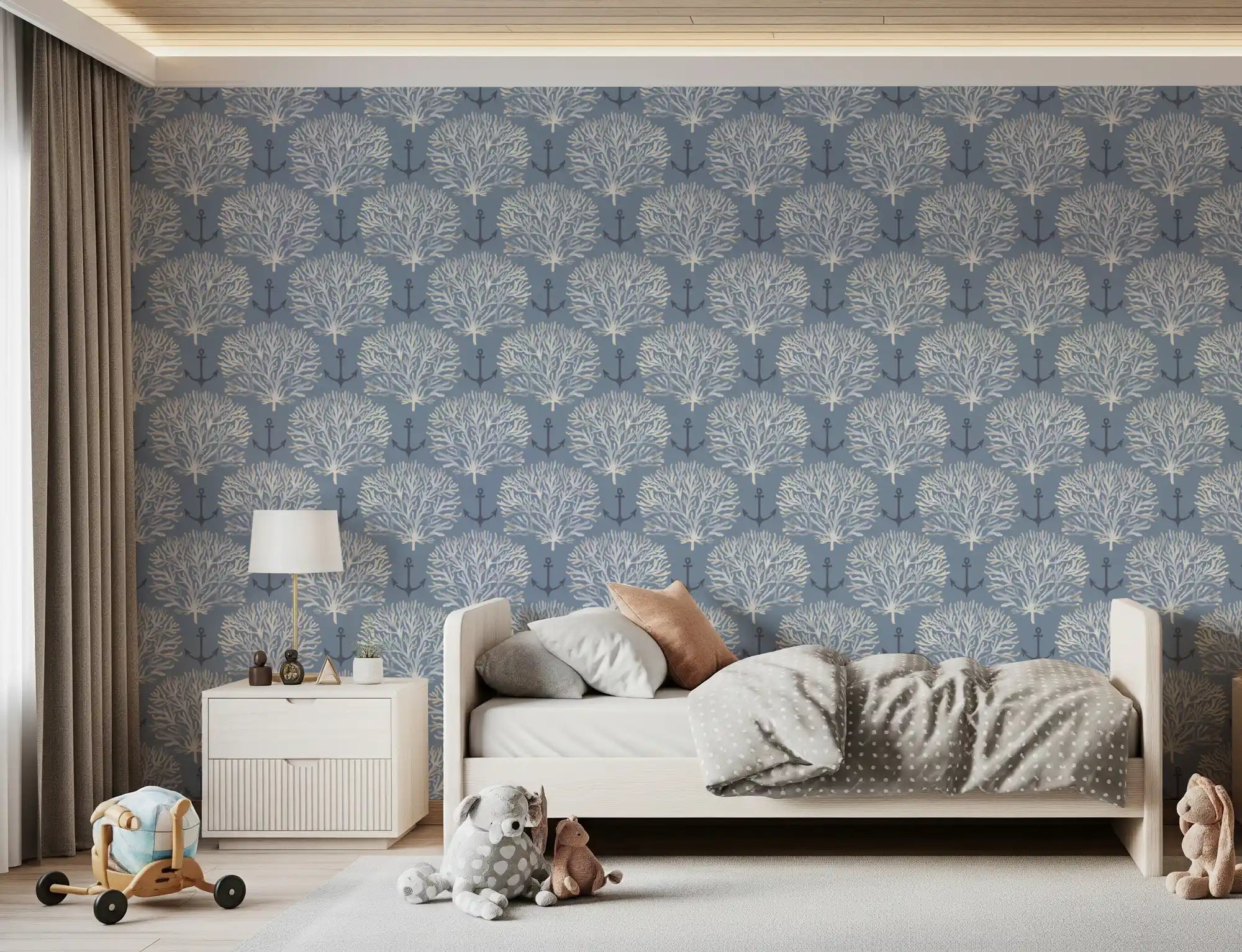 Nautical anchor wallpaper for a kids room with coral reef and seashell pattern GD11335