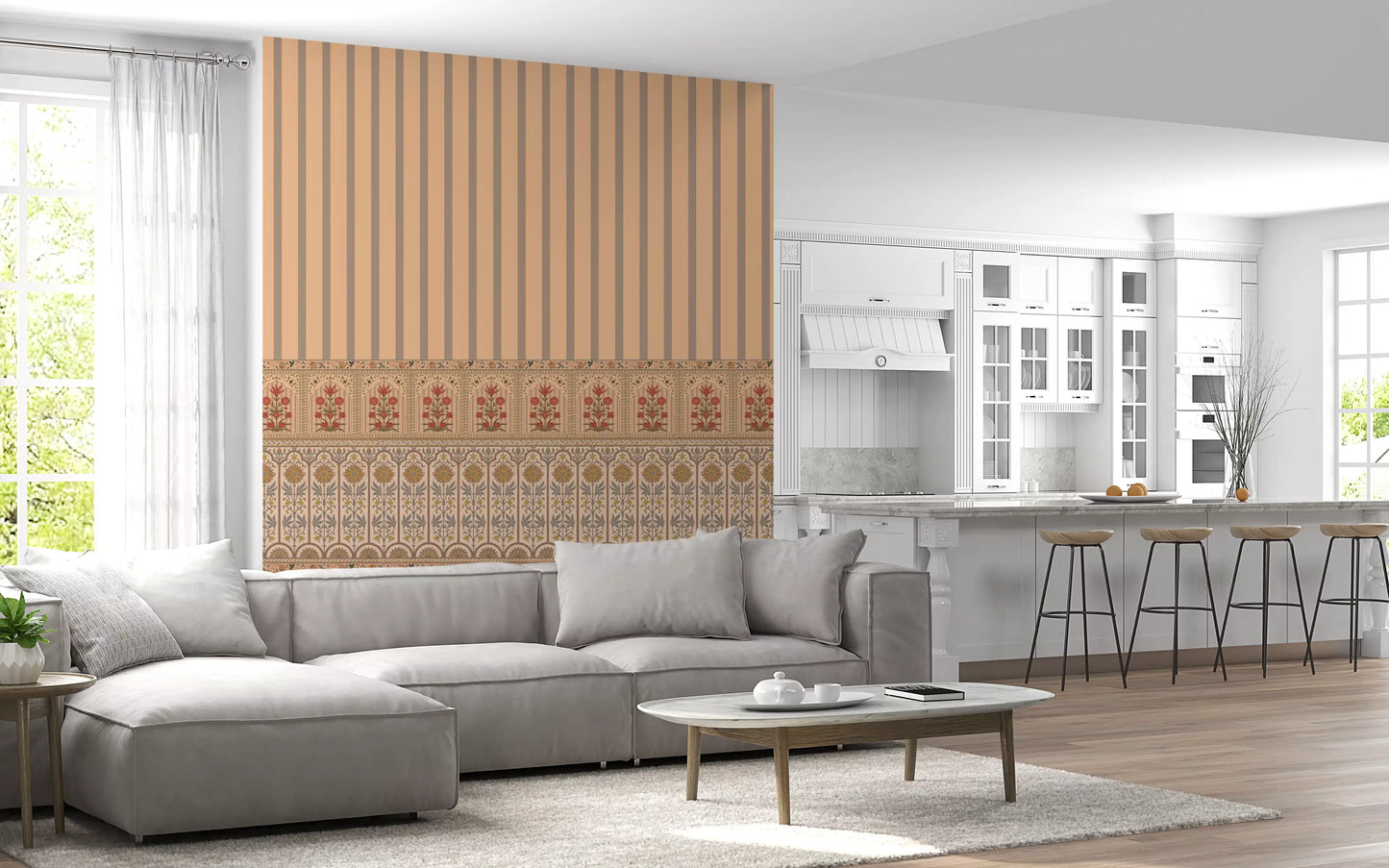 Peach Heritage Stripe and Bloom Wall Mural