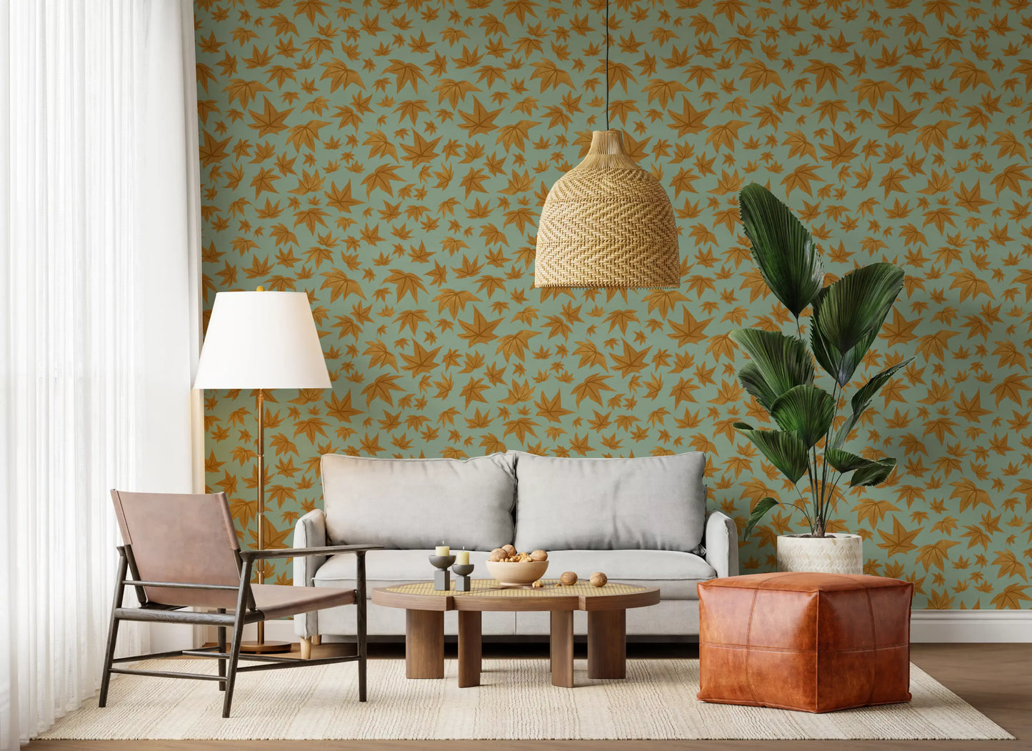 Japanese Maple Leaves - Mustard & Water Wallpaper⁠