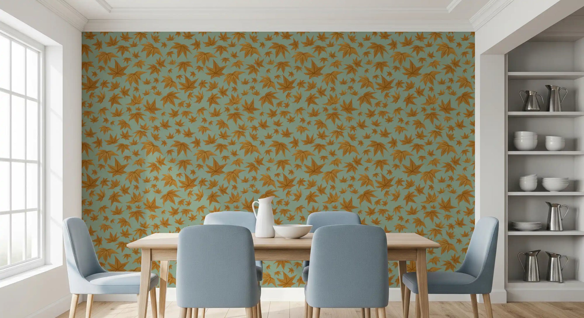 Golden autumn wallpaper with floating woodland leaves on aqua background GD11349