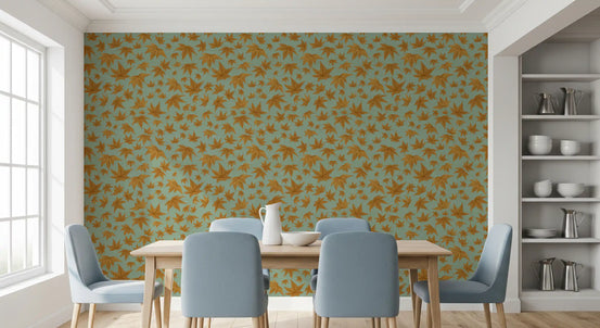 Golden autumn wallpaper with floating woodland leaves on aqua background GD11349