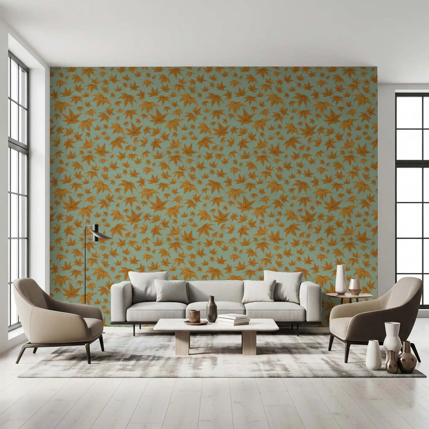 Japanese Maple Leaves - Mustard & Water Wallpaper⁠