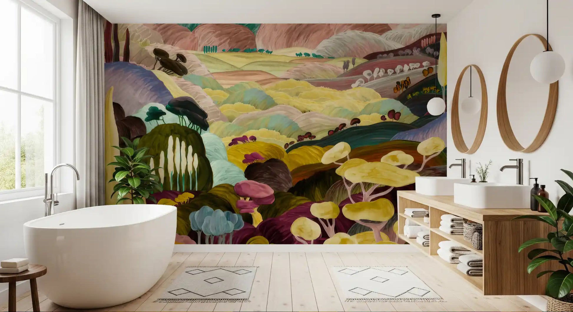 Abstract scenic wallpaper with colourful woodland and layered textures GD11356