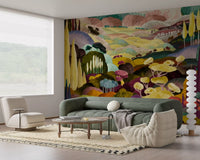 Artistic valley wallpaper featuring textured hills and tall painted trees GD11356
