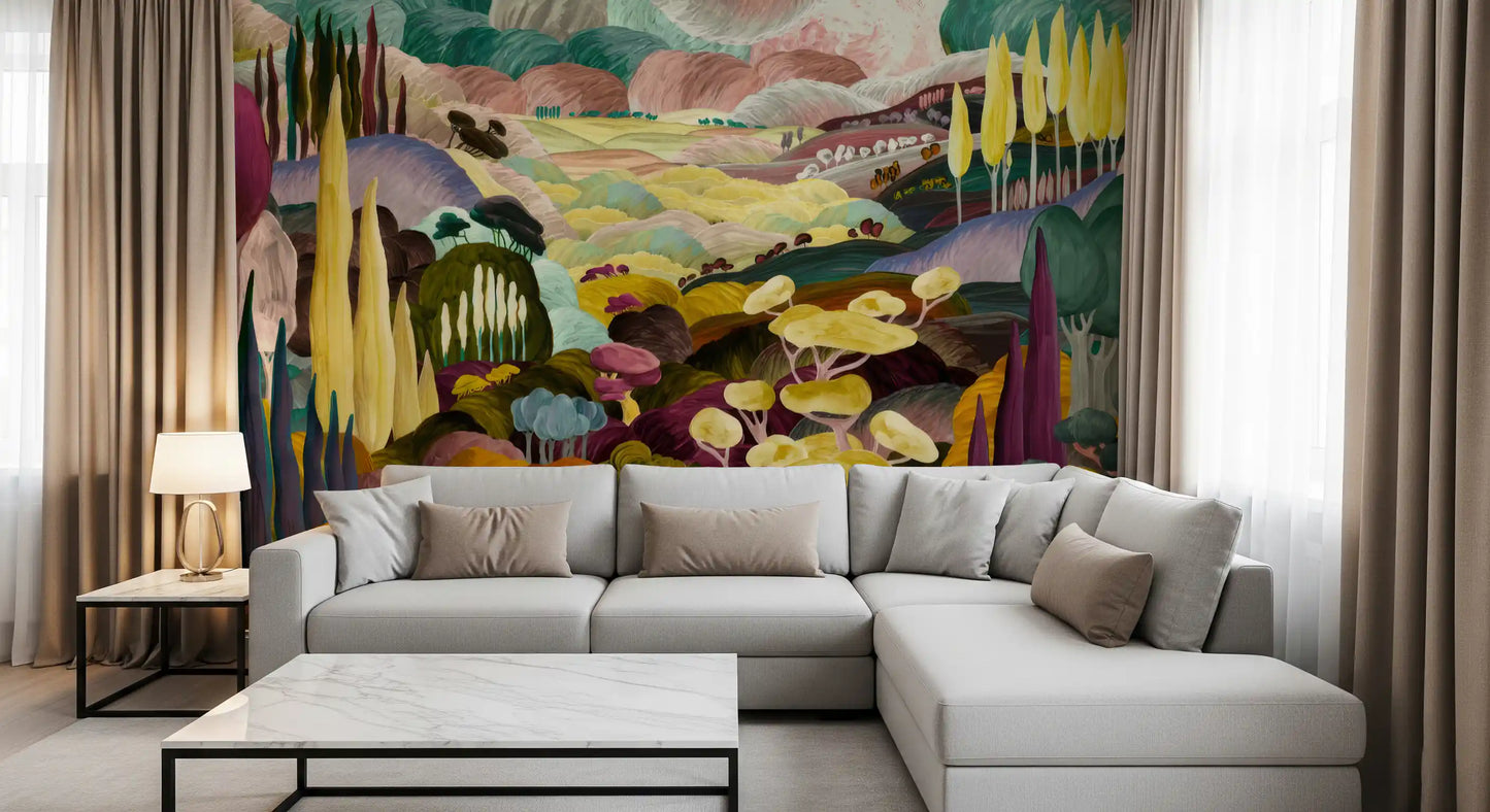 Vibrant Tonal Landscape Wallpaper showcasing whimsical forest scenery GD11356