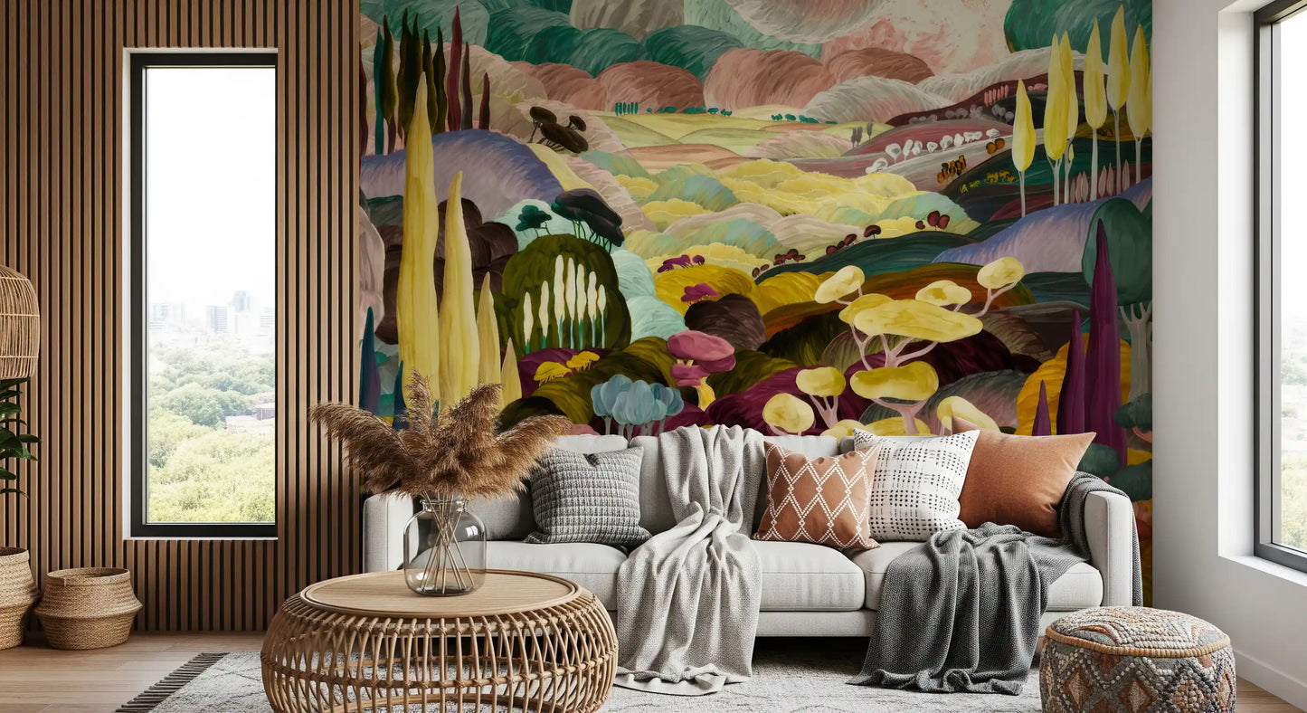 Vibrant Tonal Landscape Wallpaper with colourful painted valley scenery GD11356