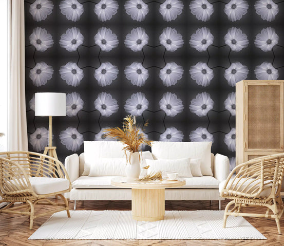 Monochrome botanical symmetry warms a living room wallpaper GD11359