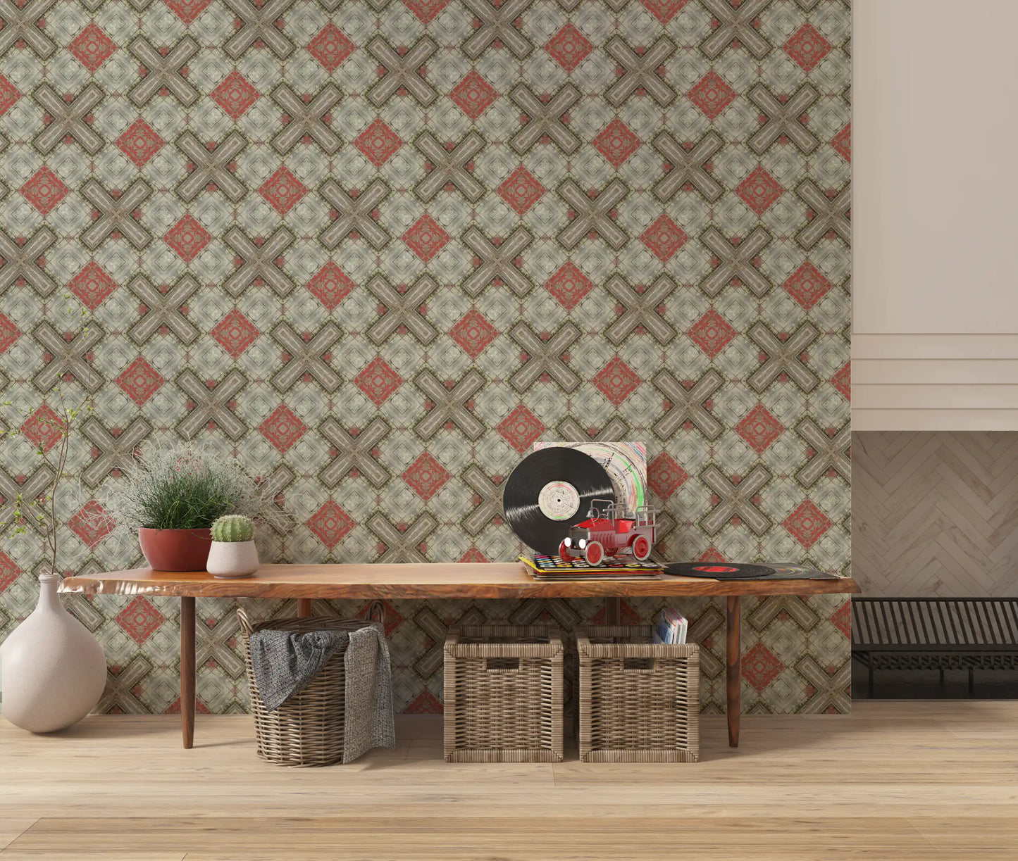 Rustic Geometric Weathered Wood Wallpaper⁠