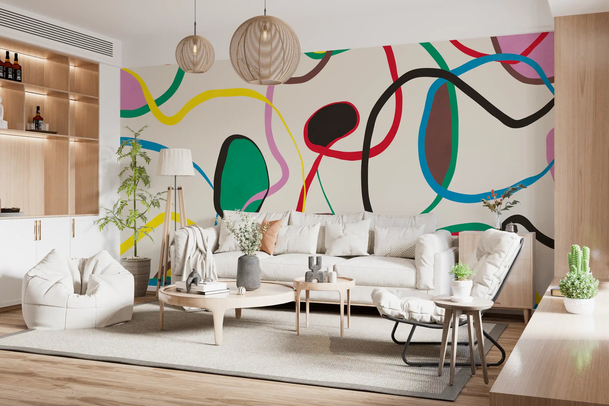 Playful scribble and shapes warm a living room wall mural GD11364
