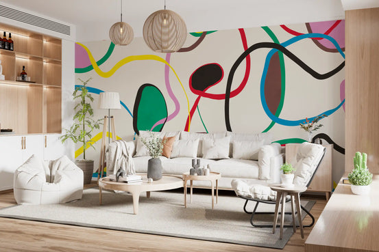Playful scribble and shapes warm a living room wall mural GD11364
