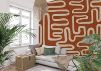Rustic Terracotta Labyrinth Line Art Wall Mural