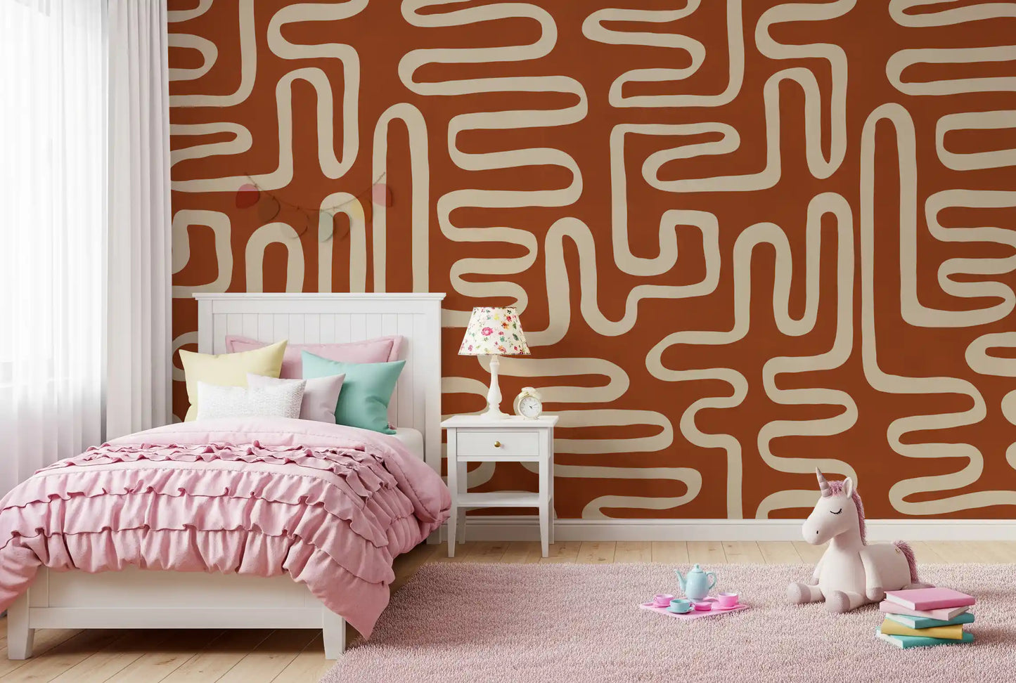 Rustic Terracotta Labyrinth Line Art Wall Mural