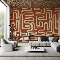 Rustic Terracotta Labyrinth Line Art Wall Mural