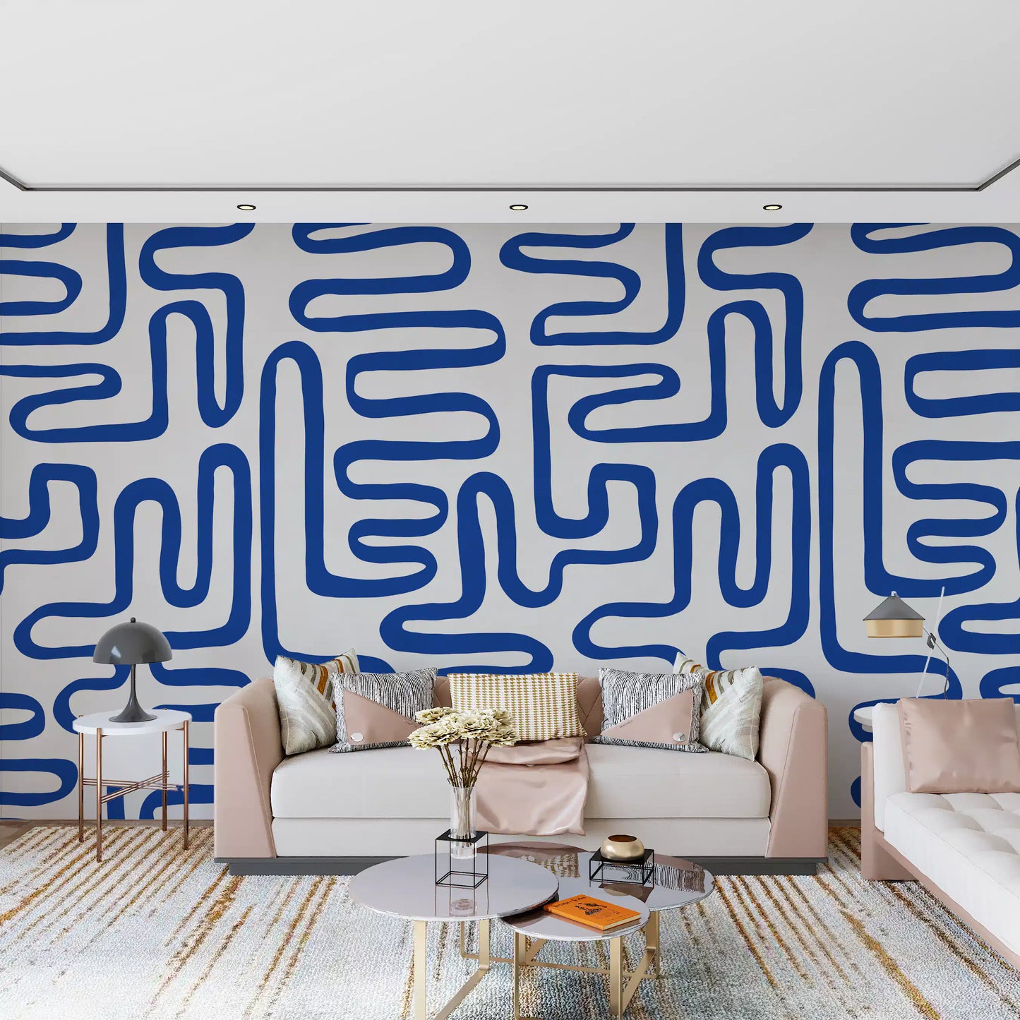 Cobalt Meandering Line Abstract Wall Mural