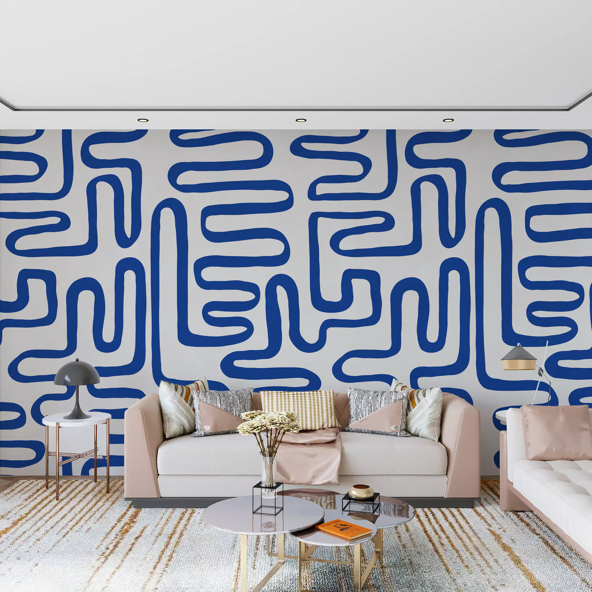 Cobalt meandering line pattern warms a living room wall mural GD11367
