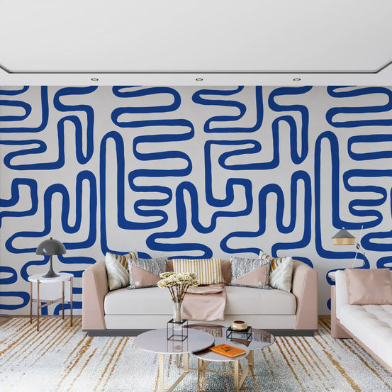 Cobalt meandering line pattern warms a living room wall mural GD11367
