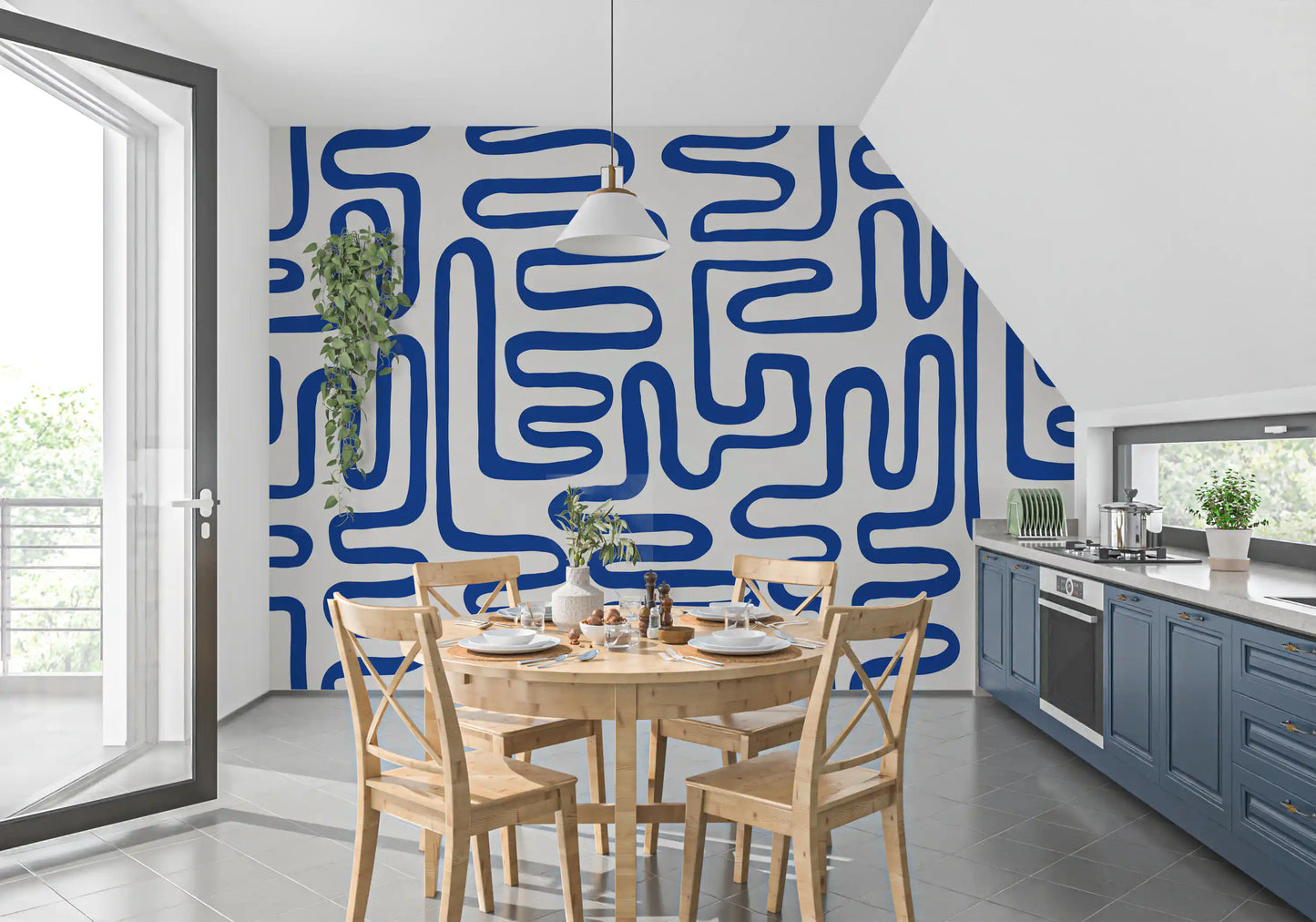 Cobalt Meandering Line Abstract Wall Mural
