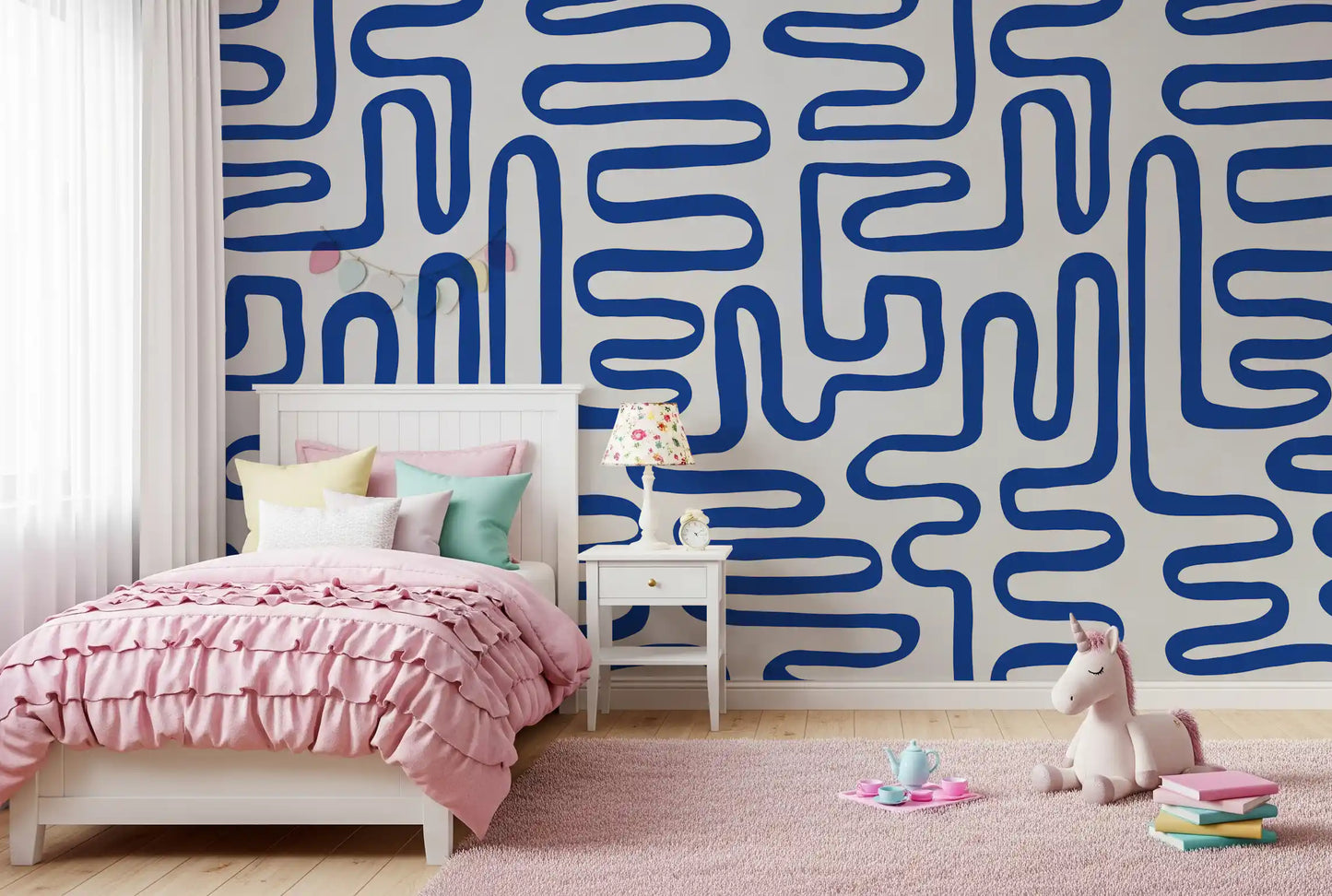 Cobalt Meandering Line Abstract Wall Mural