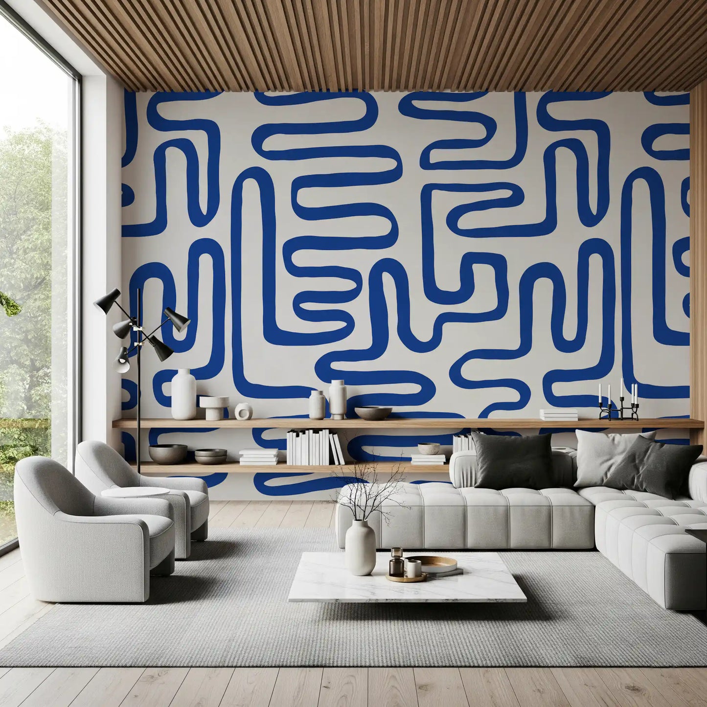 Cobalt Meandering Line Abstract Wall Mural