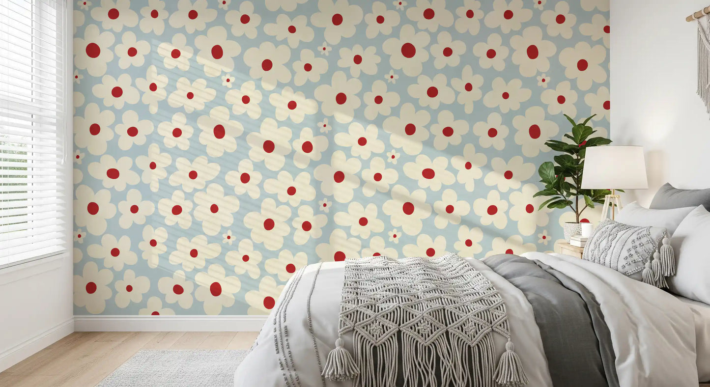 Retro Cream and Red Floral Blooms Wall Mural