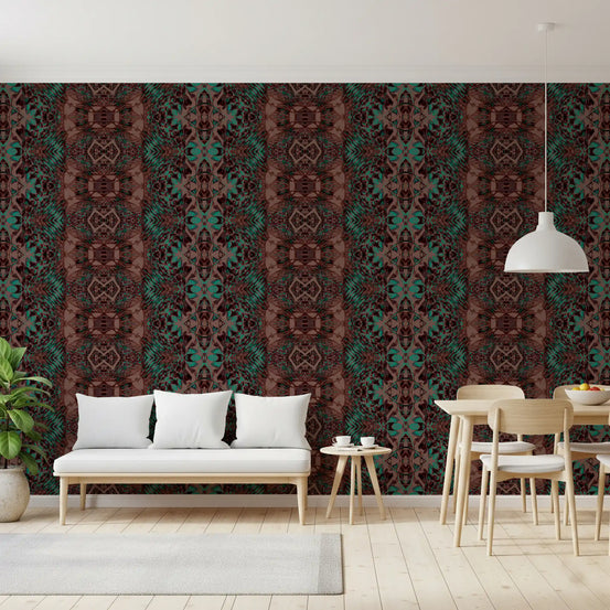 Dining room in teal and brown lattice wallpaper, the Amber ornamental repeat GD11374