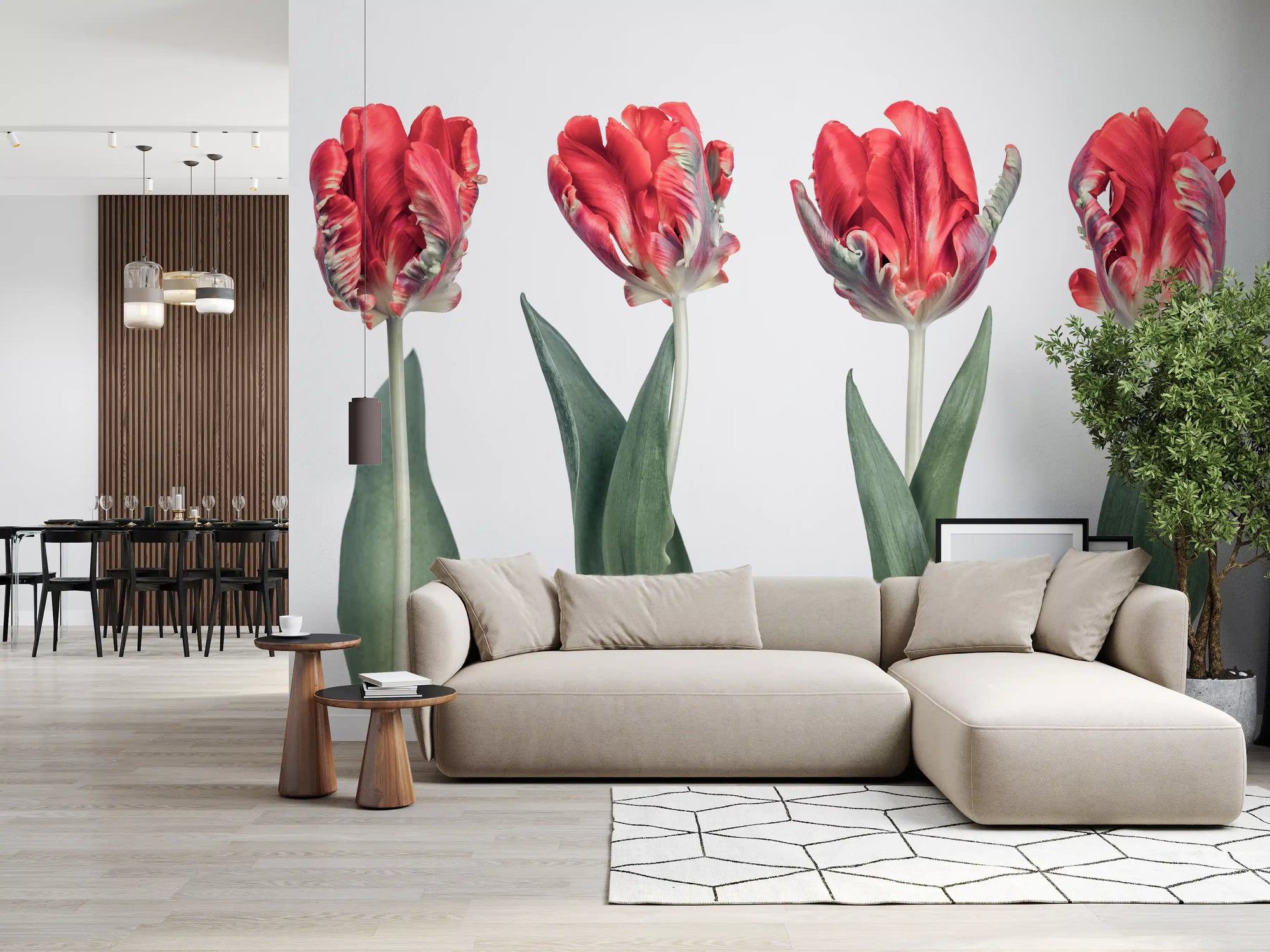 Crimson parrot tulip warms a calm living room wall mural GD11375
